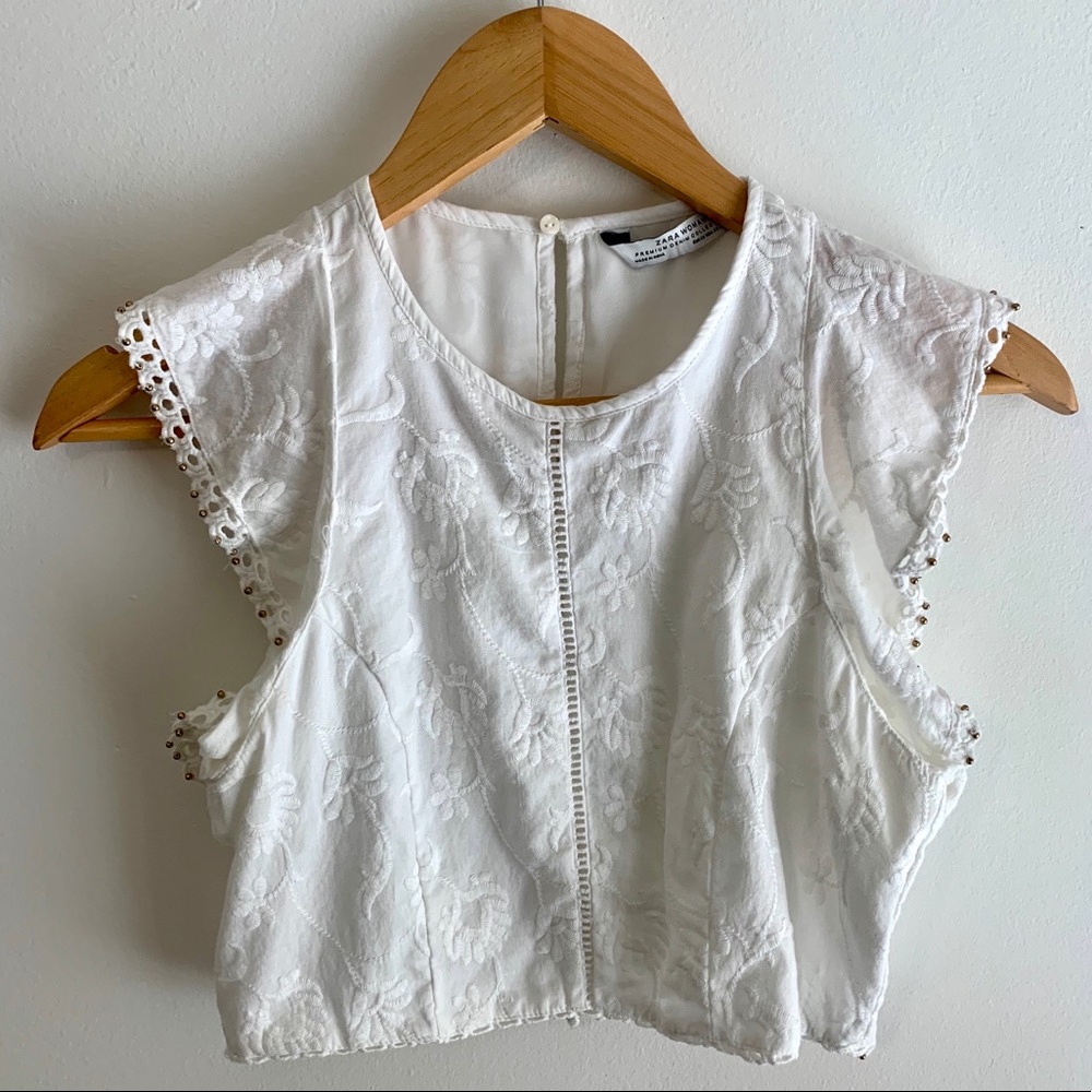 Zara white linen and crochet embroidered crop top
